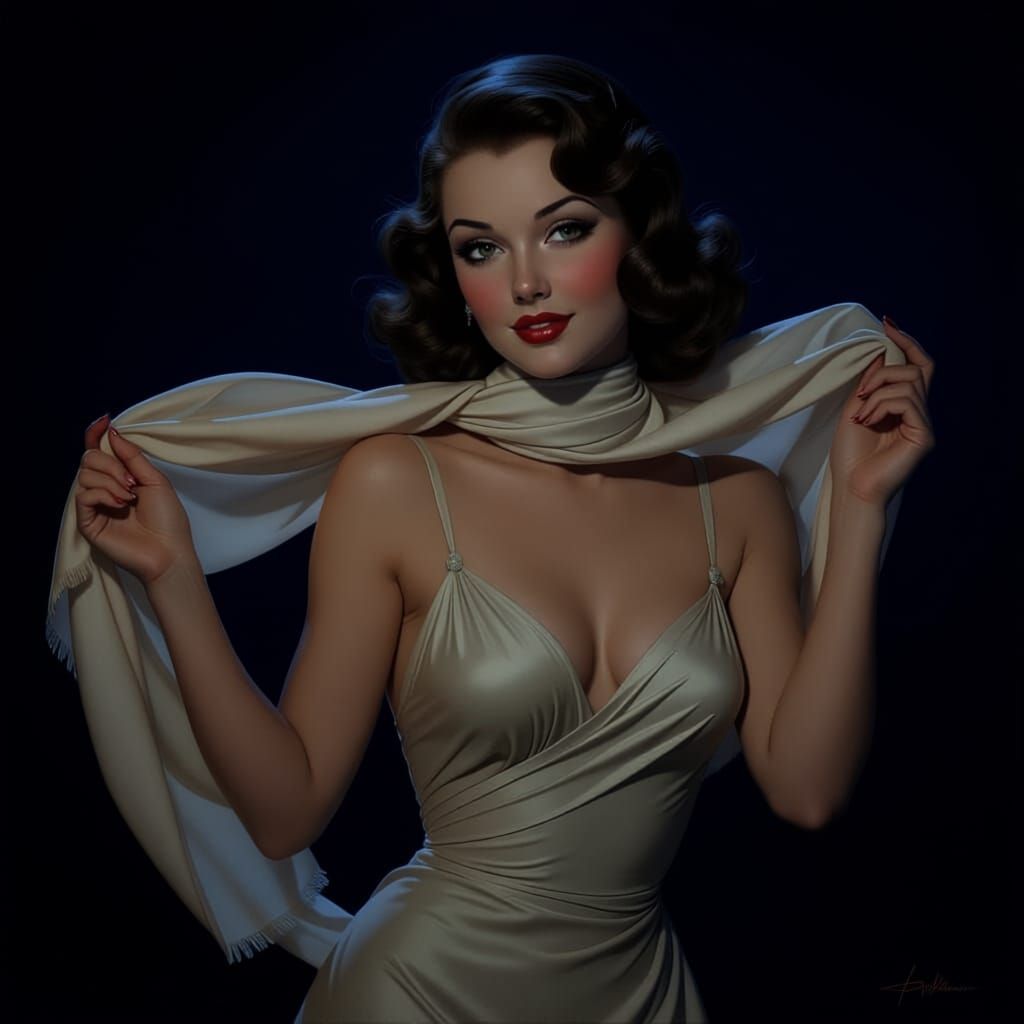 1930s Pin-Up Girl in Dramatic Scarf Pose