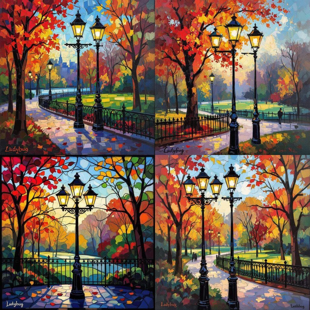 Autumn Park Lamppost in Stained Glass Style