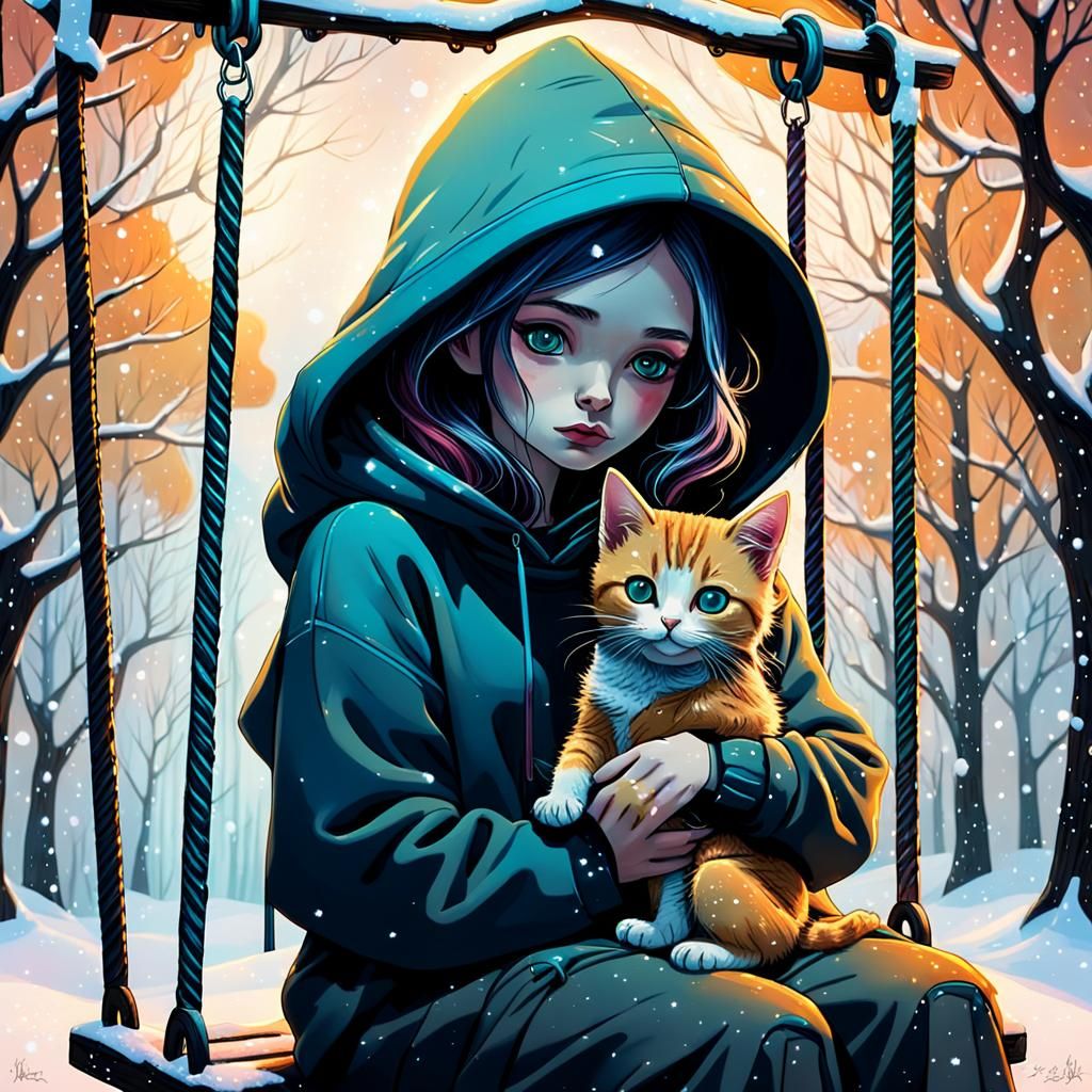 Girl with Kitten on Swing: Pop Surrealism Digital Art