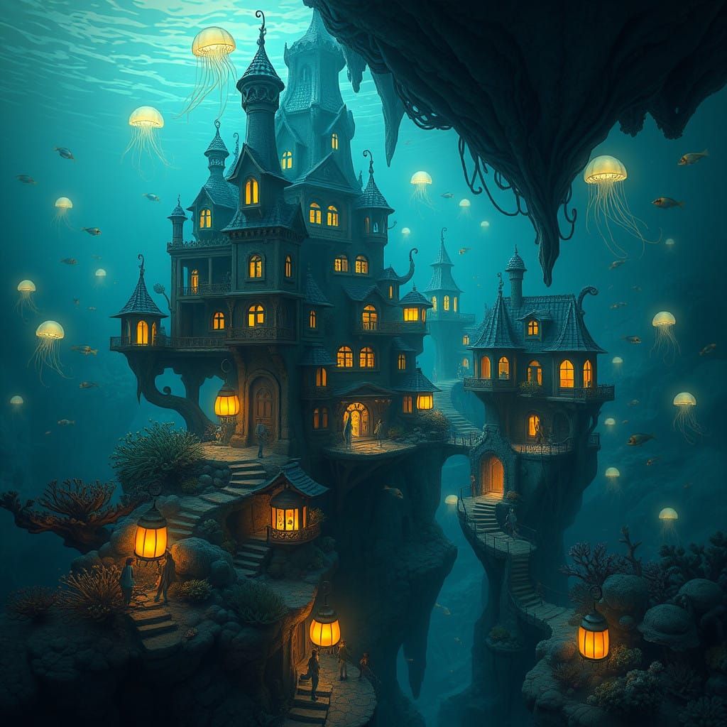 Village Beneath the Ocean's Surface in a Mystical, Organic S...