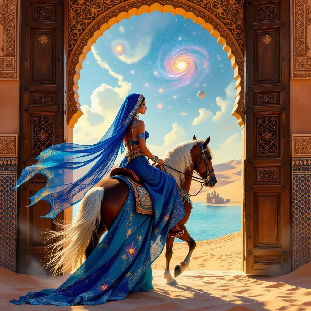 Moroccan Woman on Celestial Horse Before Cosmic Portal