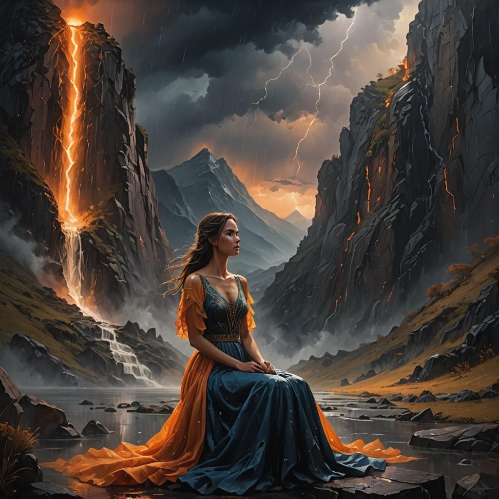 Girl Cries at Mountain Foot in Heavy Rain