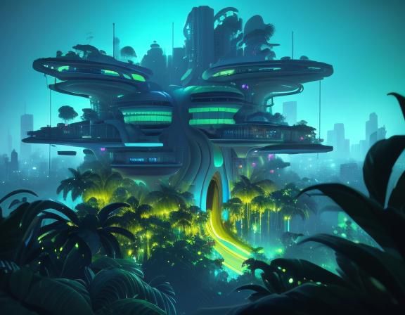 Tropical Cityscape in Sci-Fi 3D Animation Style