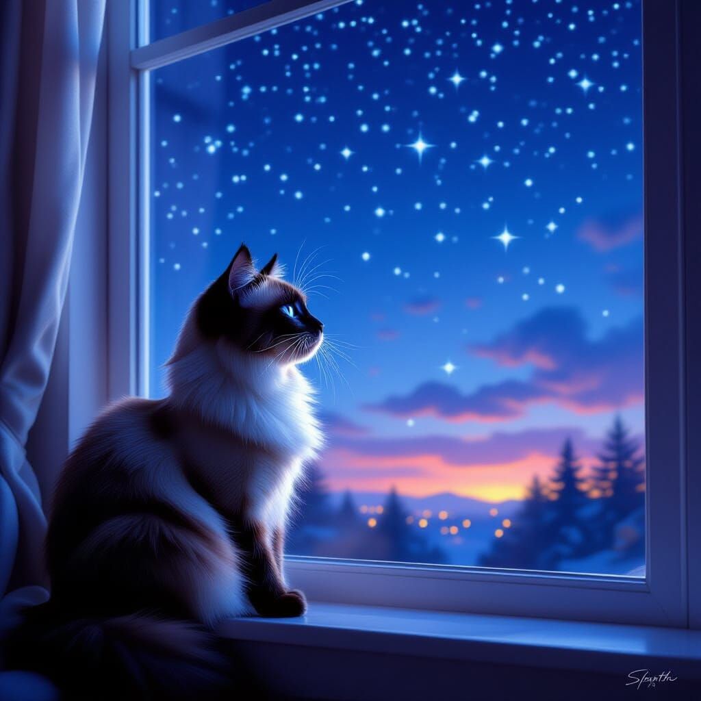 Siamese Cat Gazes at Starry Night Sky