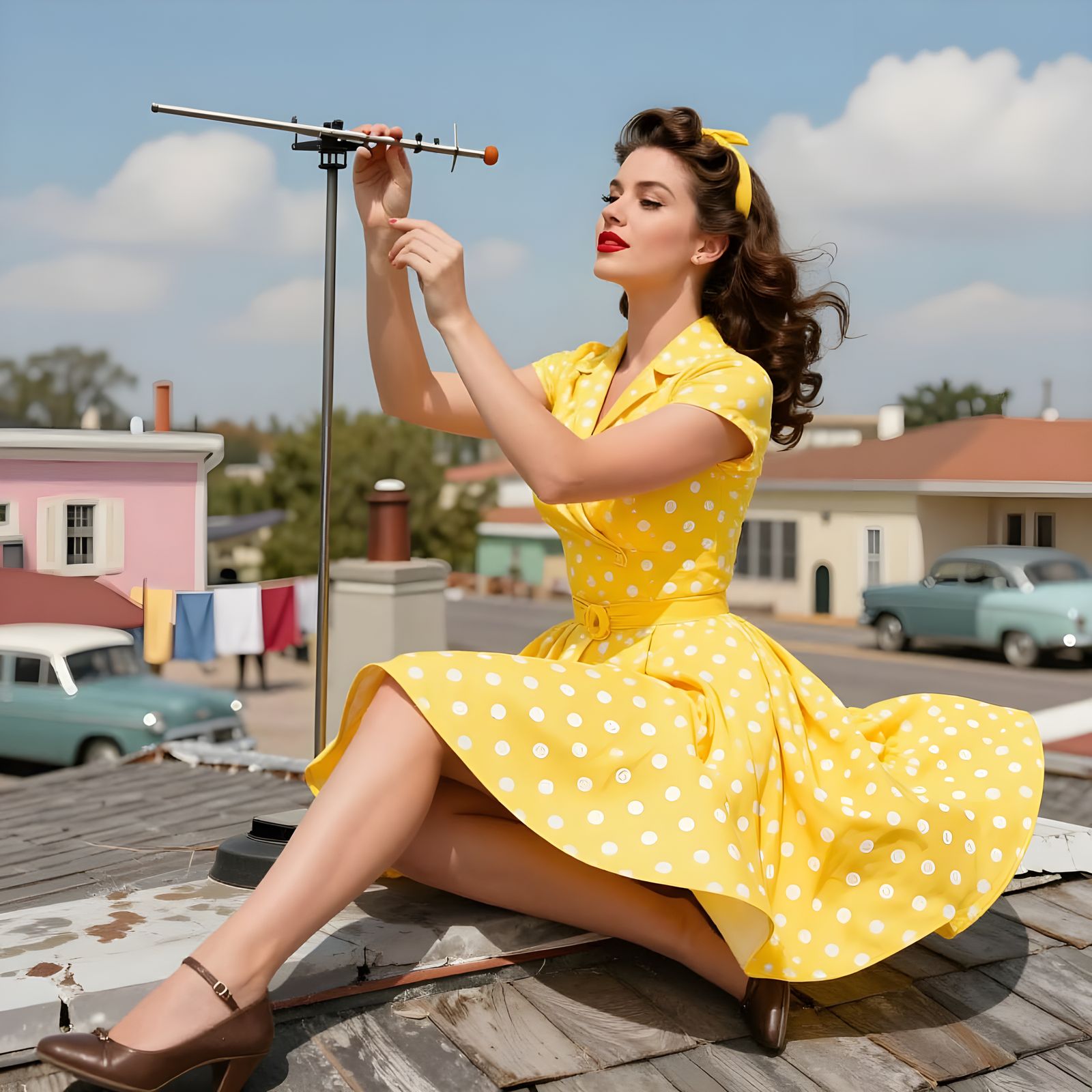 1950s Pin-Up Woman on Rooftop Adjusting Antenna