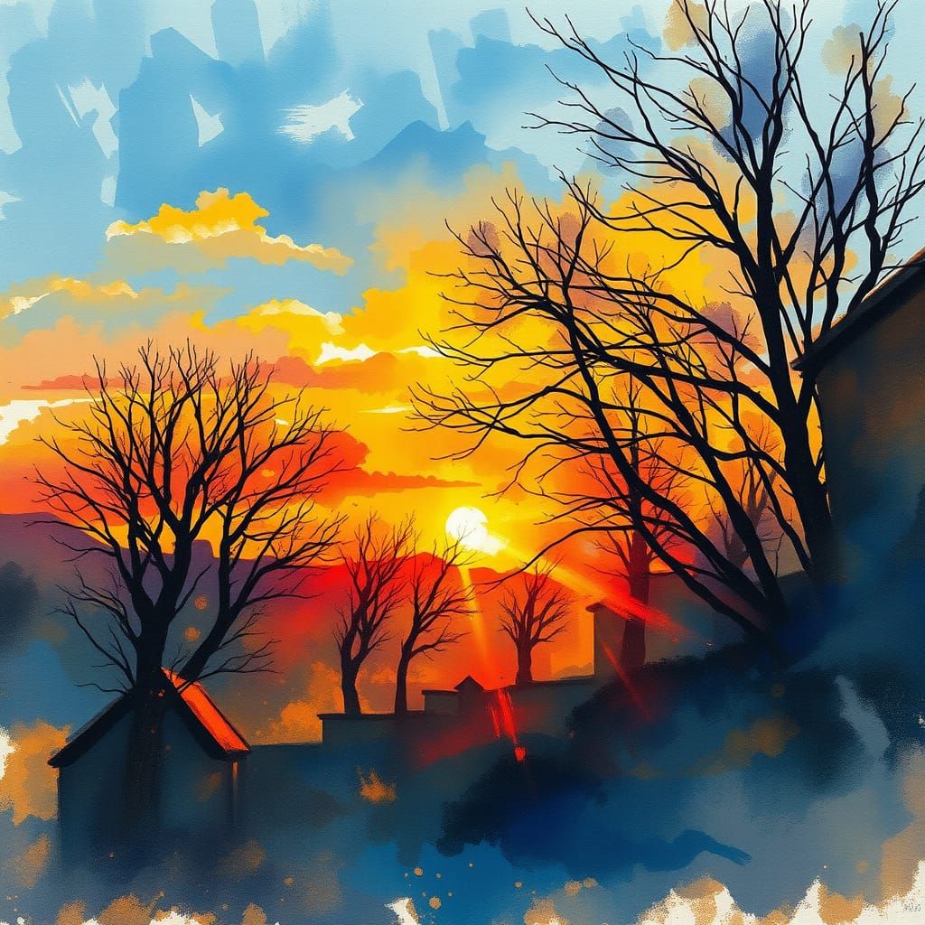 Sunset Scene in Expressive Watercolour Style