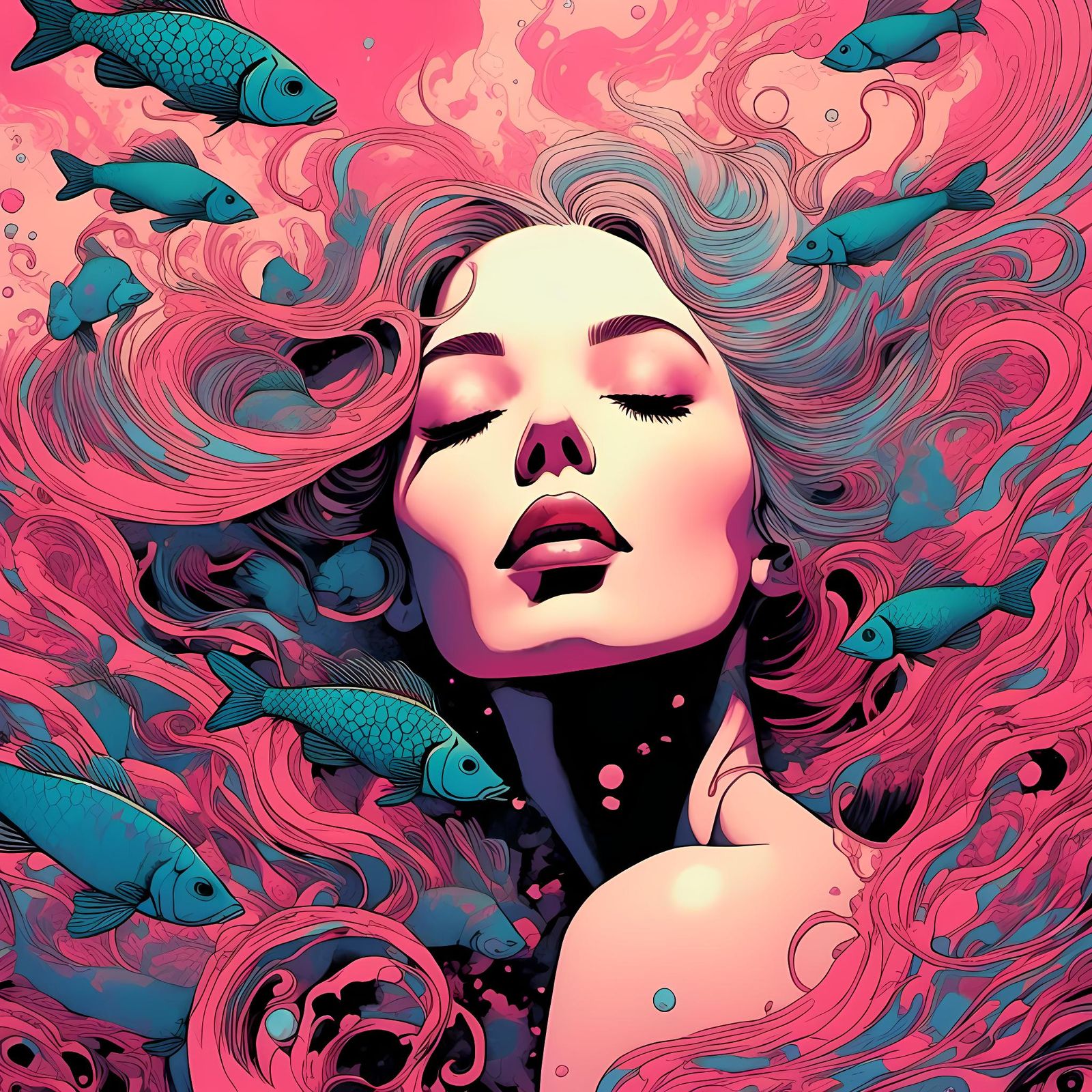 Dreaming Woman: Psychedelic Pisces Illustration
