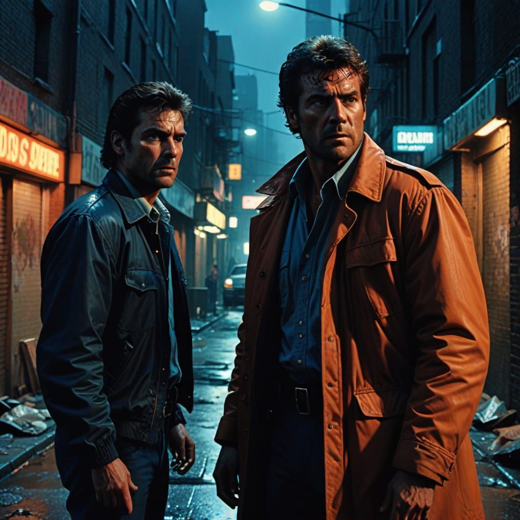 Gritty Detective Confronts Criminal in Neon Alley