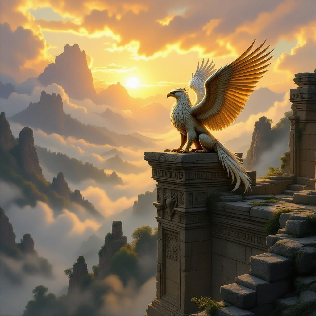 Majestic Griffin Above Misty Valley at Dawn