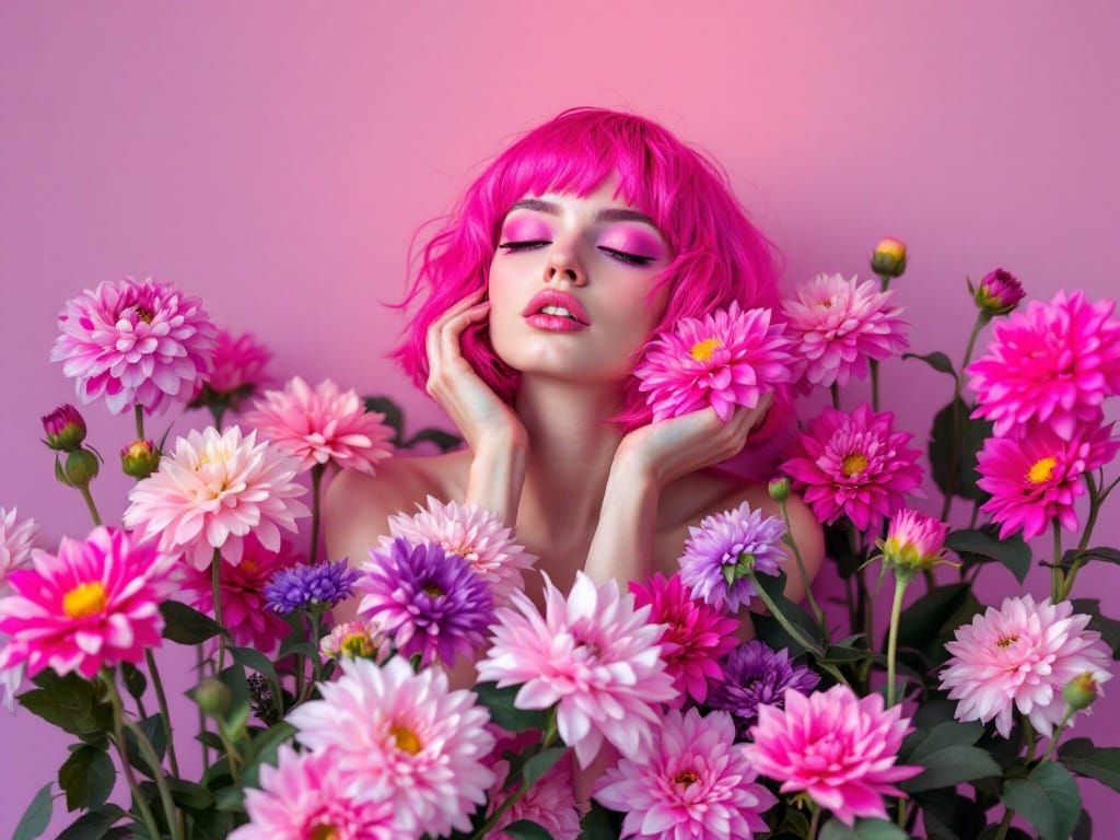 Surreal Floral Goddess in Neon Pink Hair