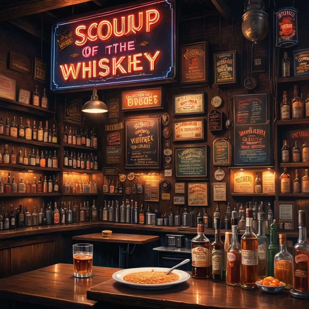 A  sign saying "Soup of the Day.. Whiskey", in a bar behind the bar counter