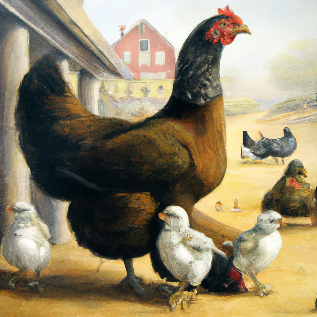 Hen and Chicks in Farmyard Oil Painting
