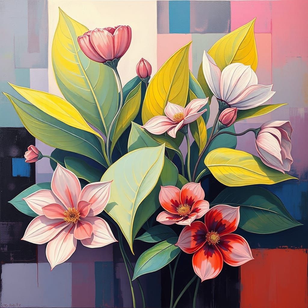 Abstract Geometric Leaves and Flowers with Neon Accents