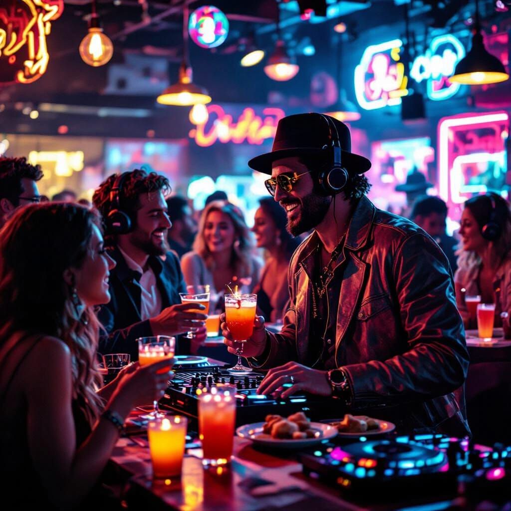 Live Band and DJ with Cocktails in Nostalgic Urban Scenescap...