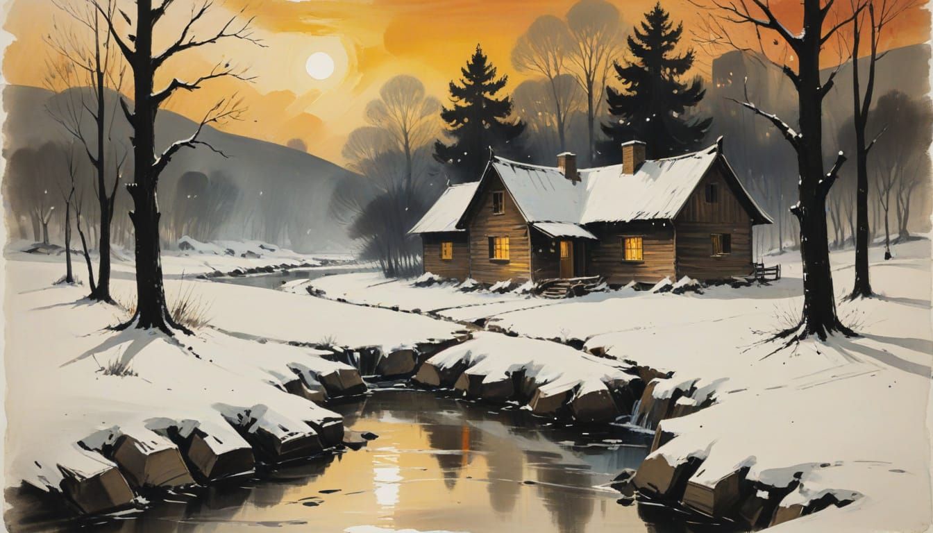 Snowy Cabin by Stream in Abstract Expressionism