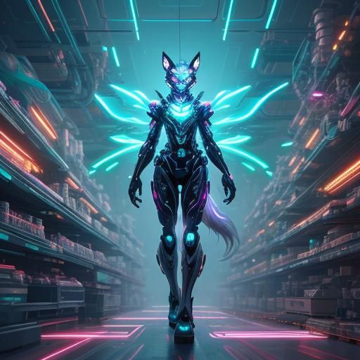 Biopunk Cyborg Fox Goddesses in Neon Lab