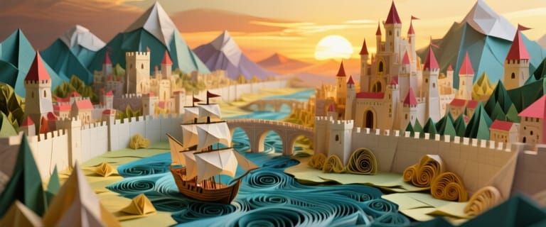 Origami Fantasy World Map with Paper Castles and Cities
