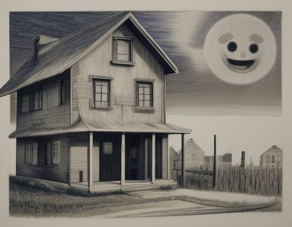 Surreal Child's Drawing of a House with a Creepy Sun