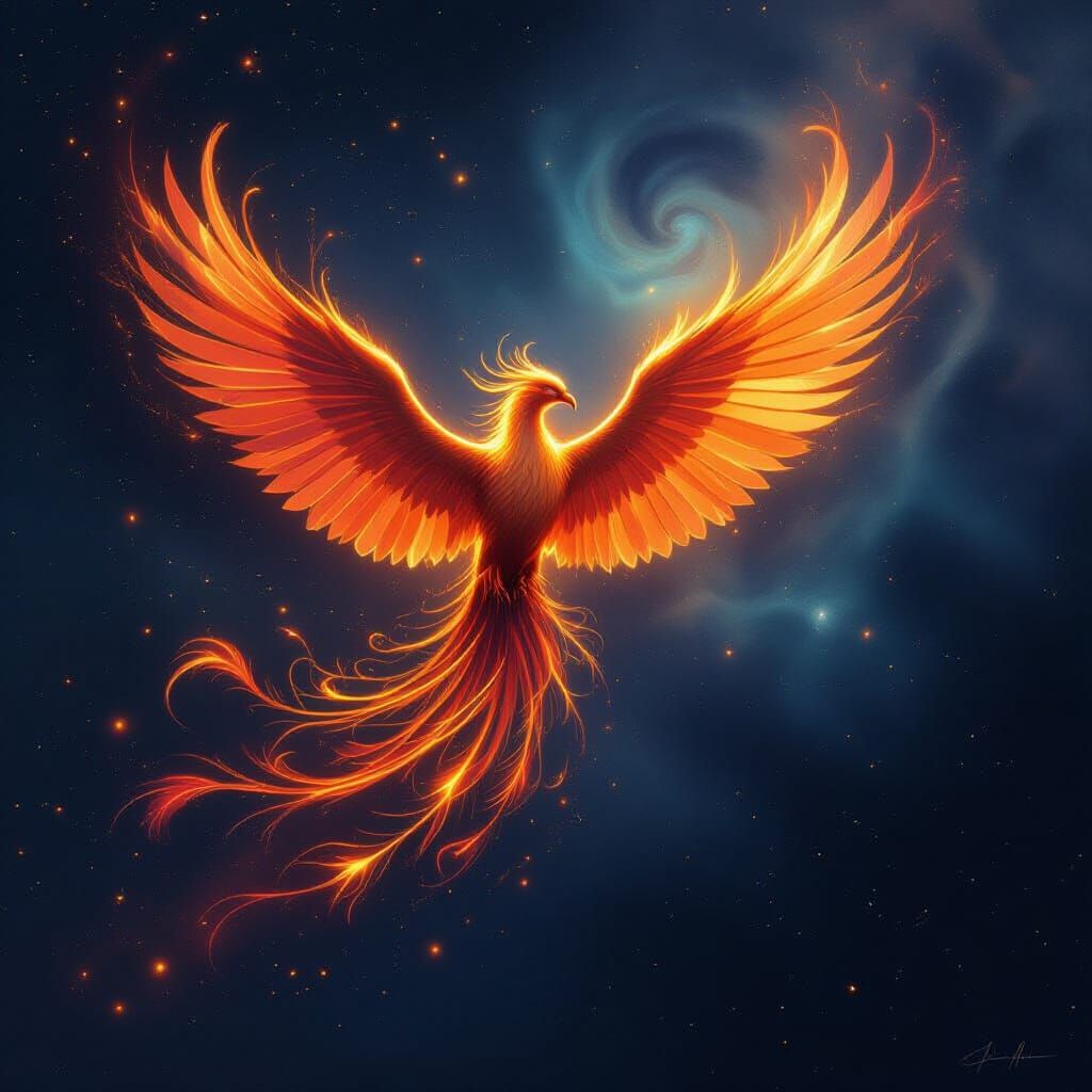 Ethereal Phoenix of Embers Soars Through Cosmic Nebula