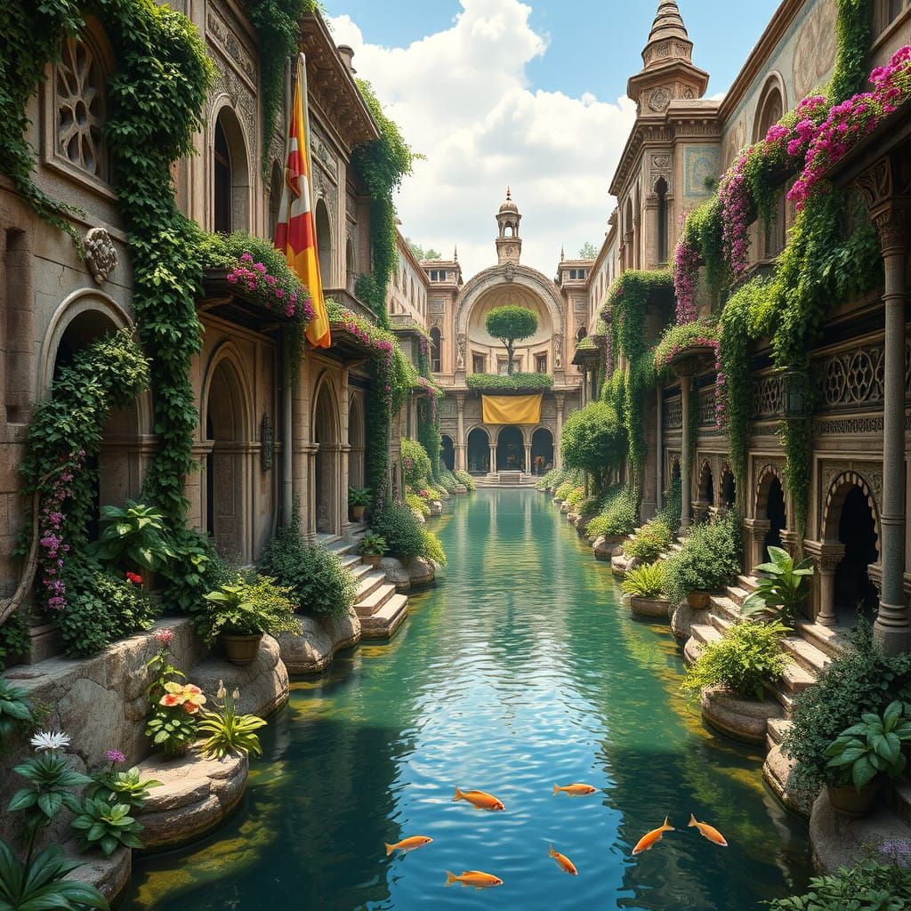 Ancient Romanesque metropolis with Arabian architectural flourishes and ornate mosaics, overgrown with lush vines and co...