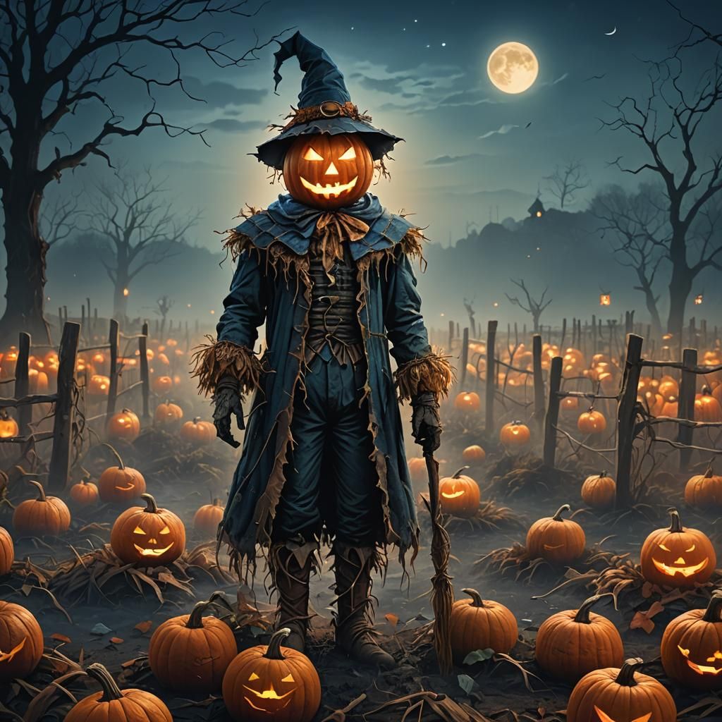 Eerie Scarecrow in Misty Pumpkin Patch: Dark Fantasy Art