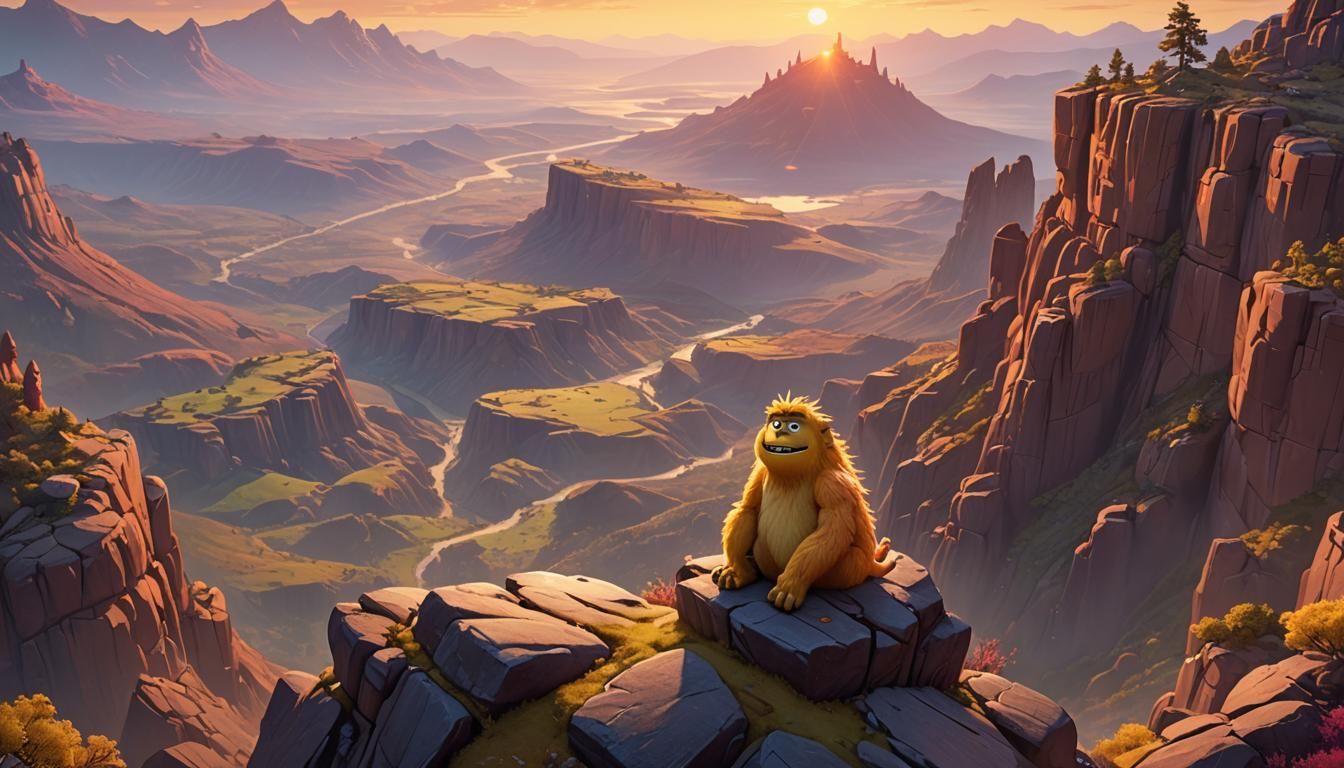 Lonely Monster Gazing at Valley in Digital Art