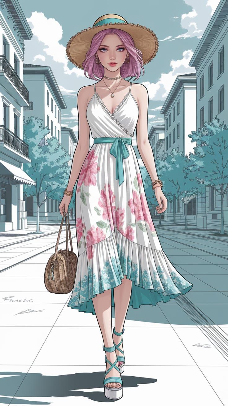 Woman in Bohemian Summer Dress Fashion Sketch