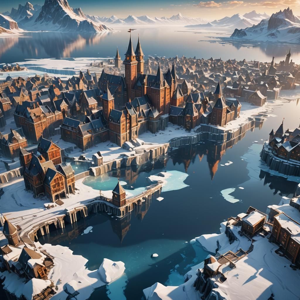 Frozen Lake Port City in High-Fantasy Style