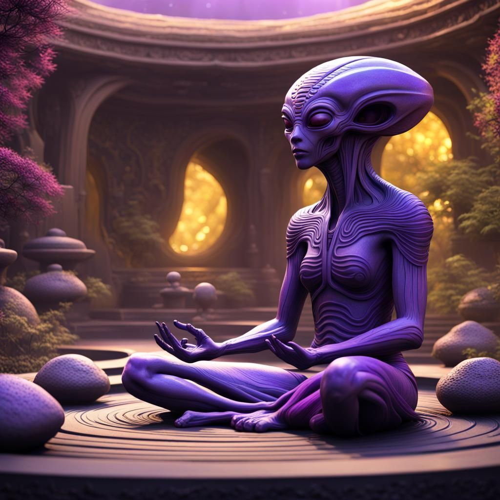 Alien Sage Meditating in Zen Garden, Dark Fantasy Art