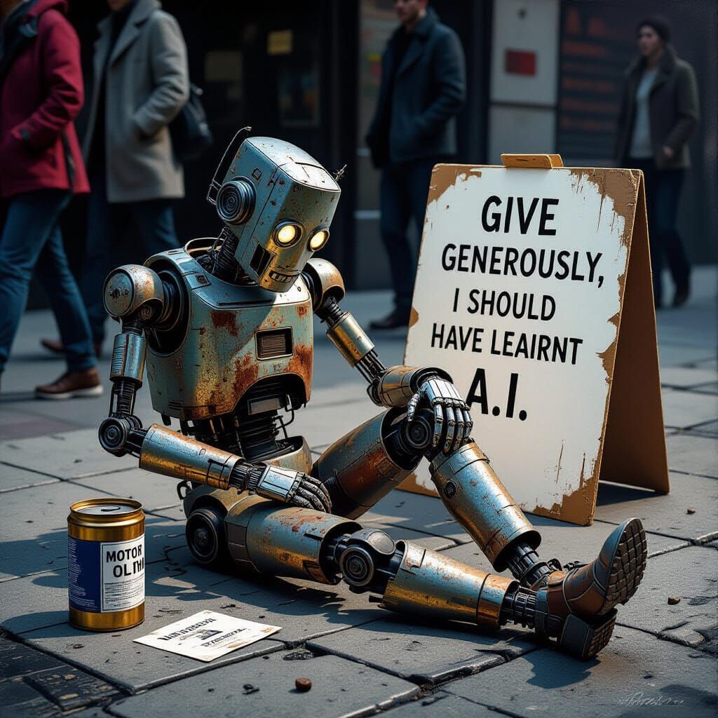 Destitute Robot's Despair in Gritty Oil Painting Style