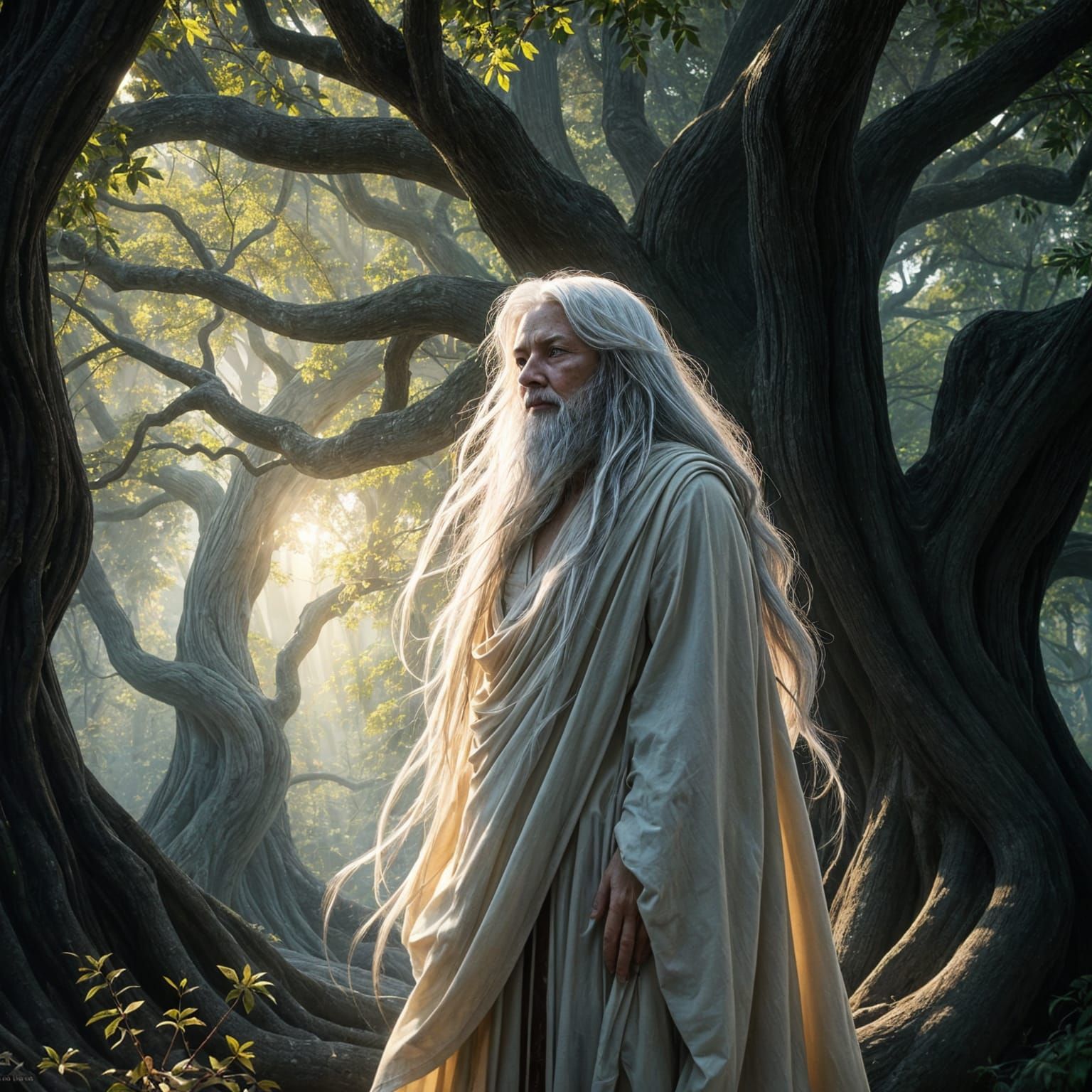 Wise Woman in Ancient Grove: Fantasy Art