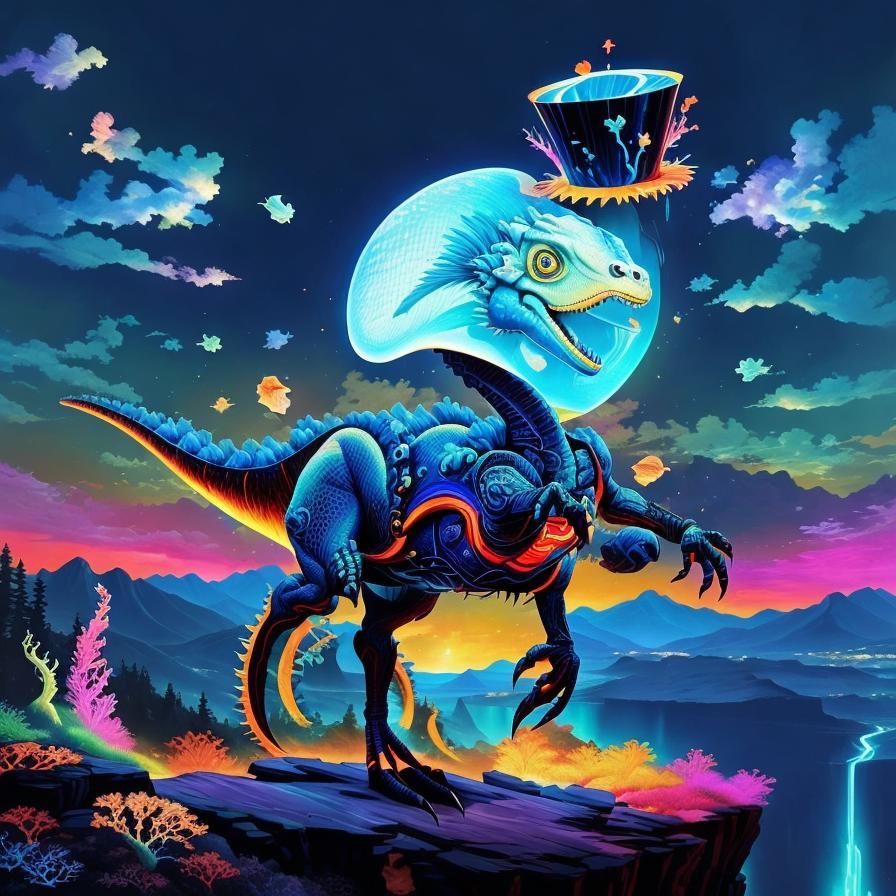 Funky Dinosaur Roaring with Top Hat in Earth Art Style