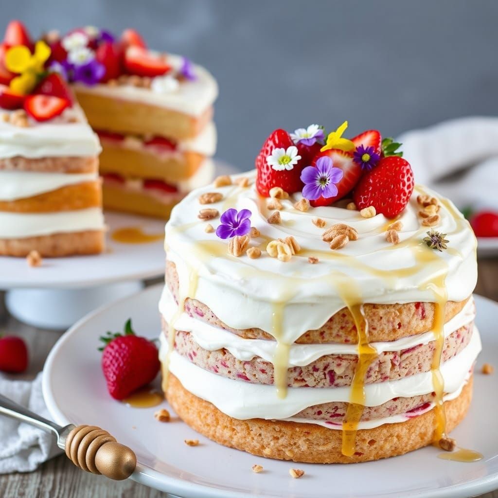 Honey Strawberry Cake with Edible Flowers, Digital Art