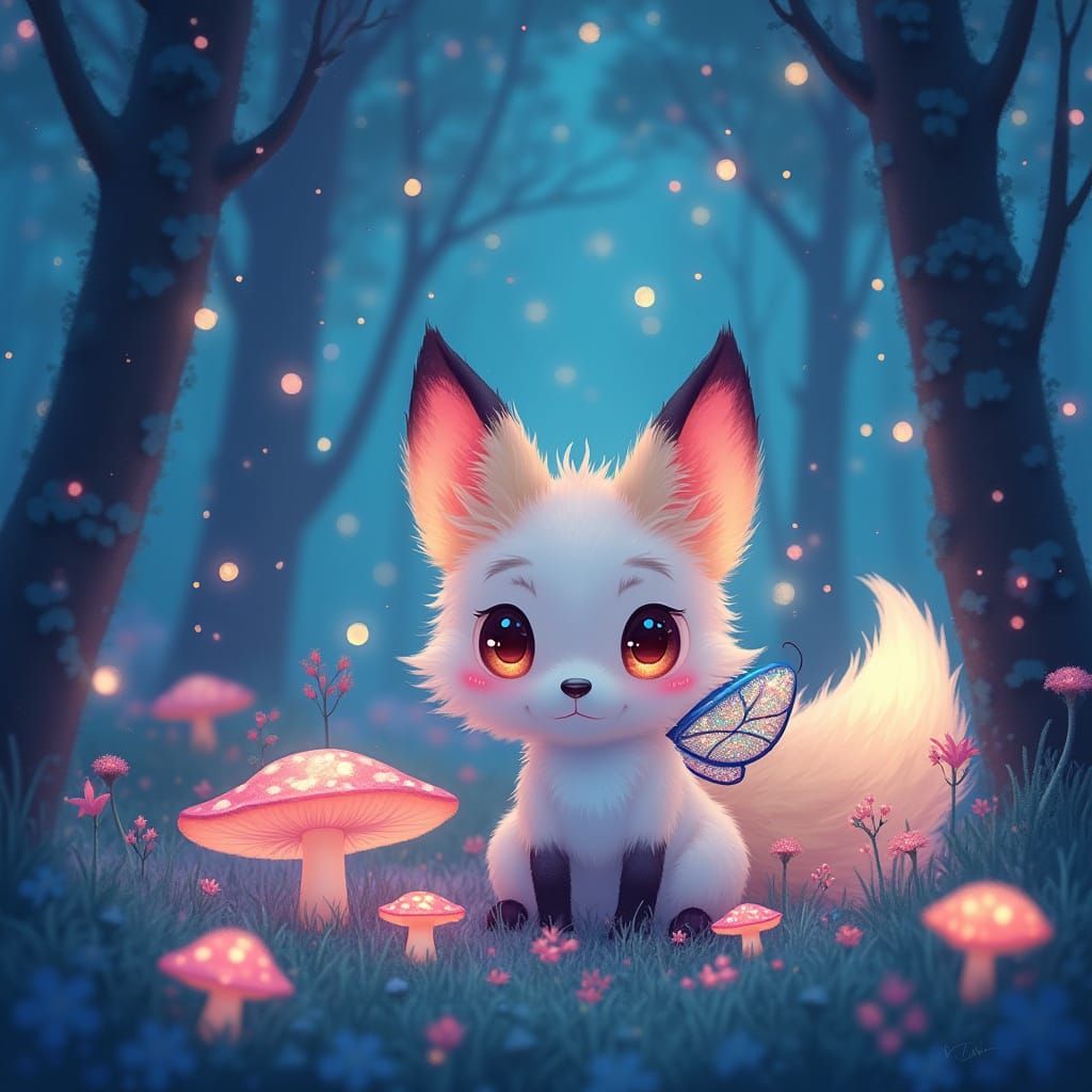 Bioluminescent Fox Kit in Whimsical Anime Forest
