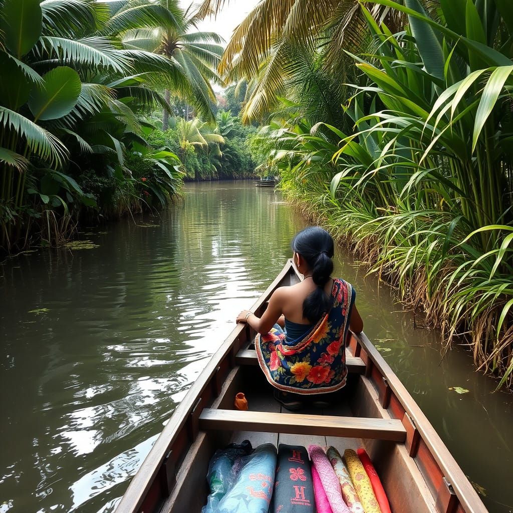 Ethereal Girl Navigates Kerala Waterway in Serene Landscape