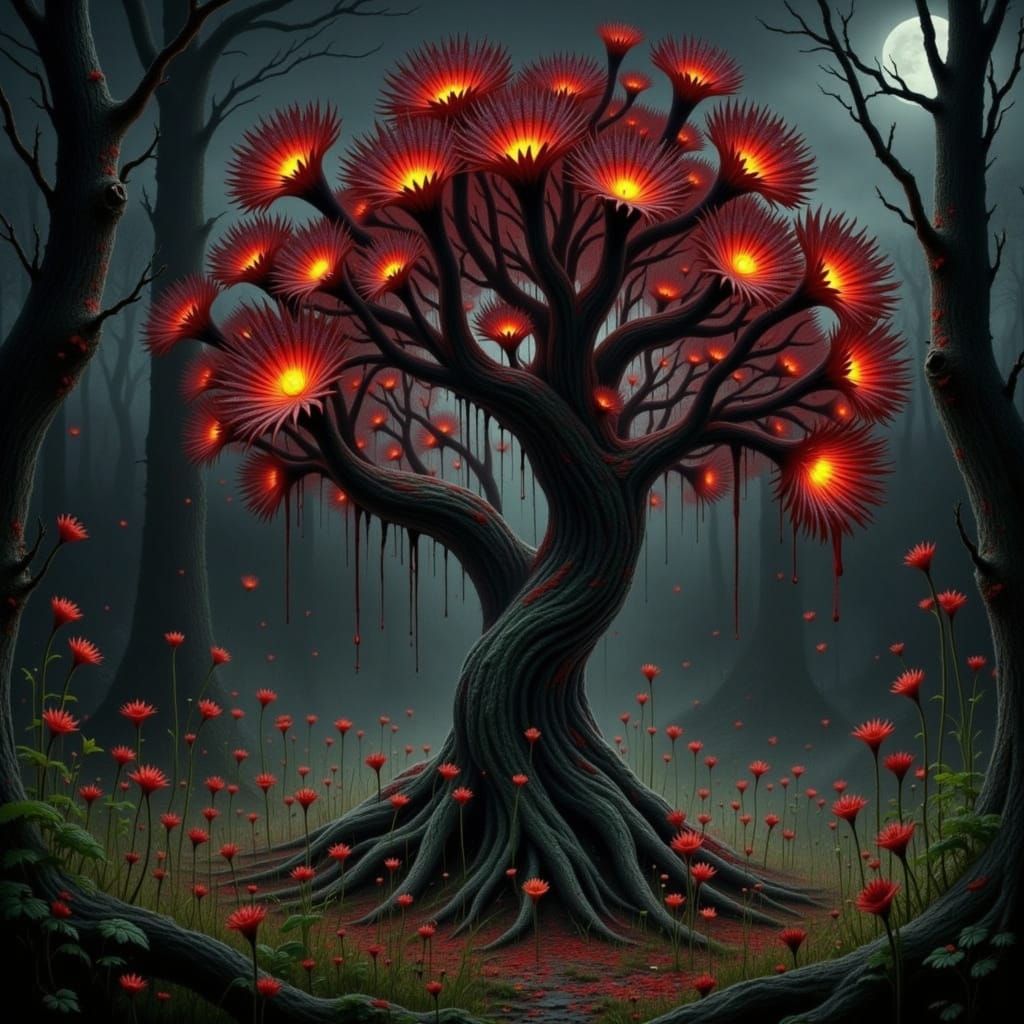 Surreal Garden: Skulls, Eyeballs, and Ghost Tree