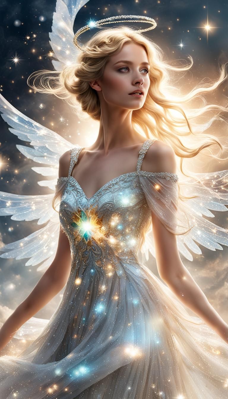 Beautiful Angel in White Dress with Glittering Sunbeams
