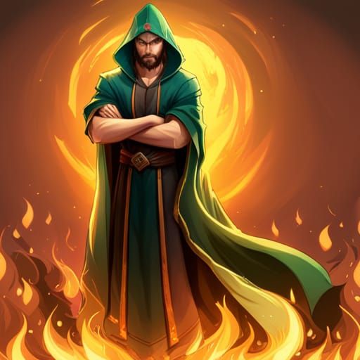 Human Sorcerer in Green Robes with Orange Flames