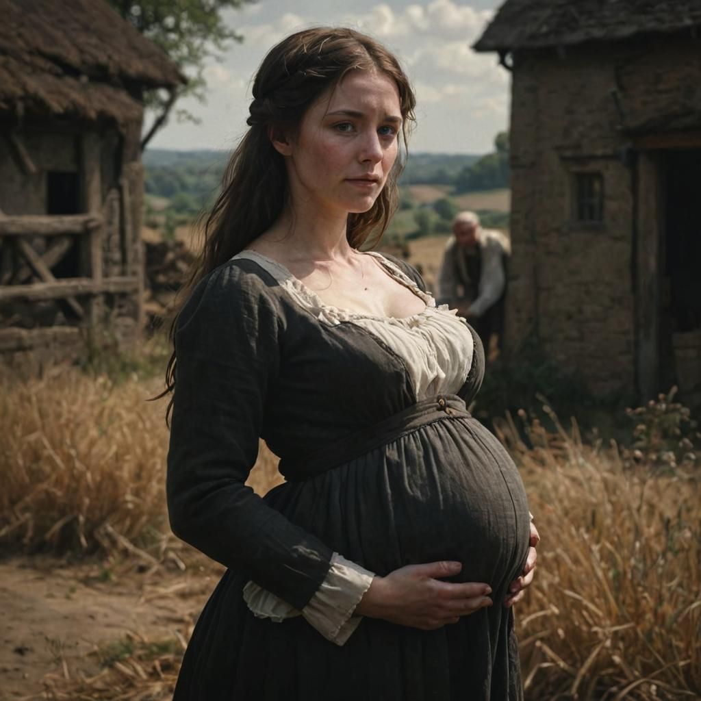 Grim Realism: Pregnant Peasant Woman with Lurking Man