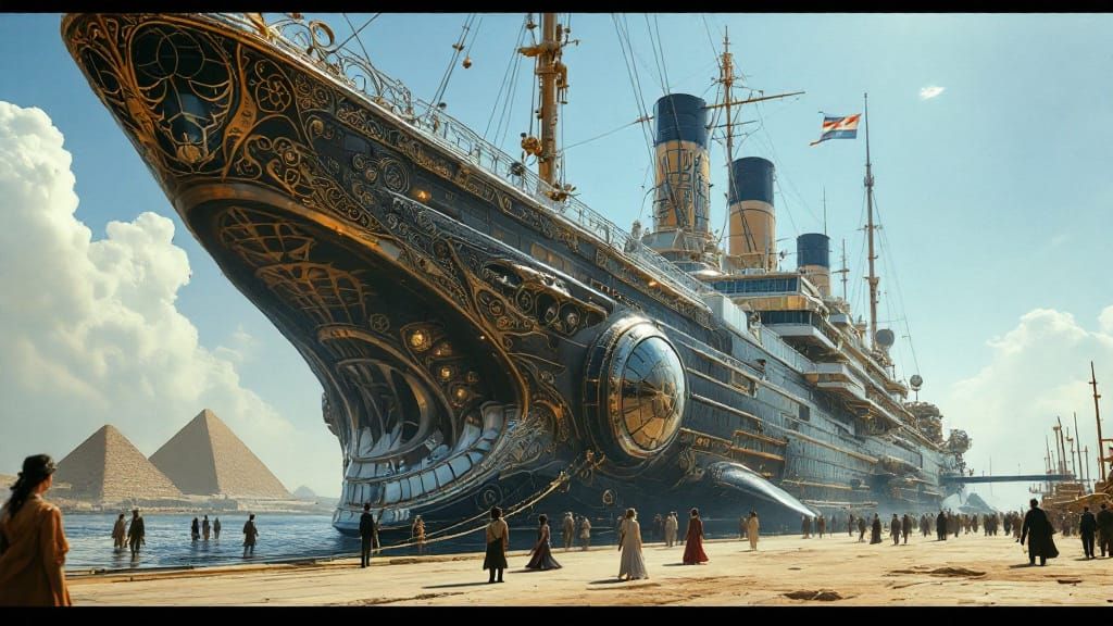 Art Nouveau Steampunk Shark Liner Docks in Cairo