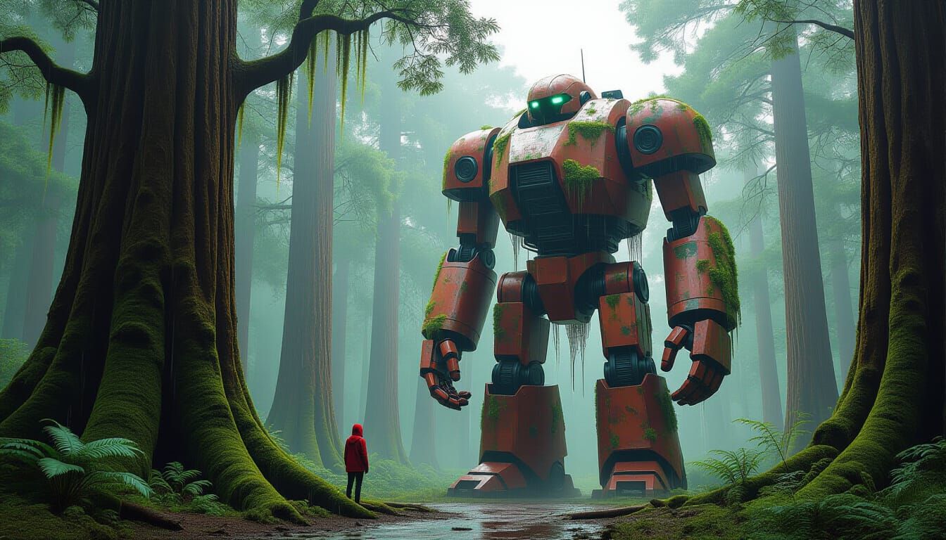 Robot in Rainy Forest, Hyperrealistic Sci-Fi Art