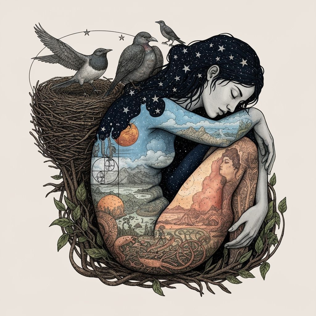 Cosmic Connection: Woman Carrying Star Nest, Nature Intertwi...