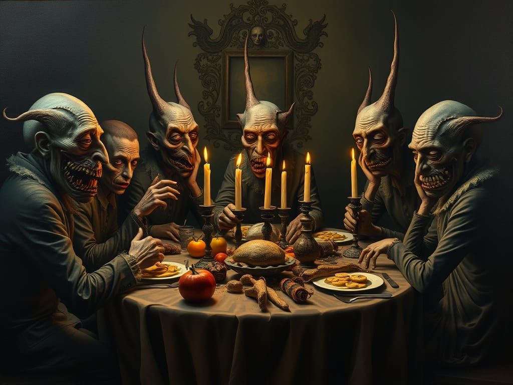 Surrealist Oil Painting of Peculiar Family Dinner