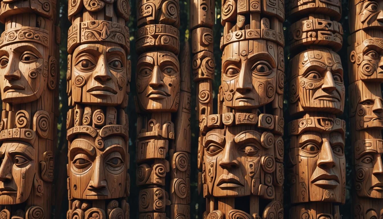 Detailed Wooden Totem Pole in Hyper-Realistic Digital Art