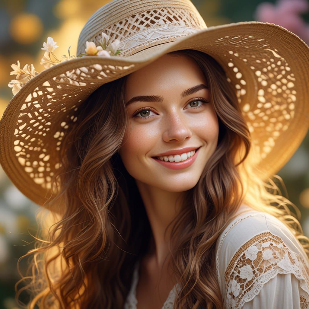 Impressionist Portrait of Smiling Woman in Straw Hat