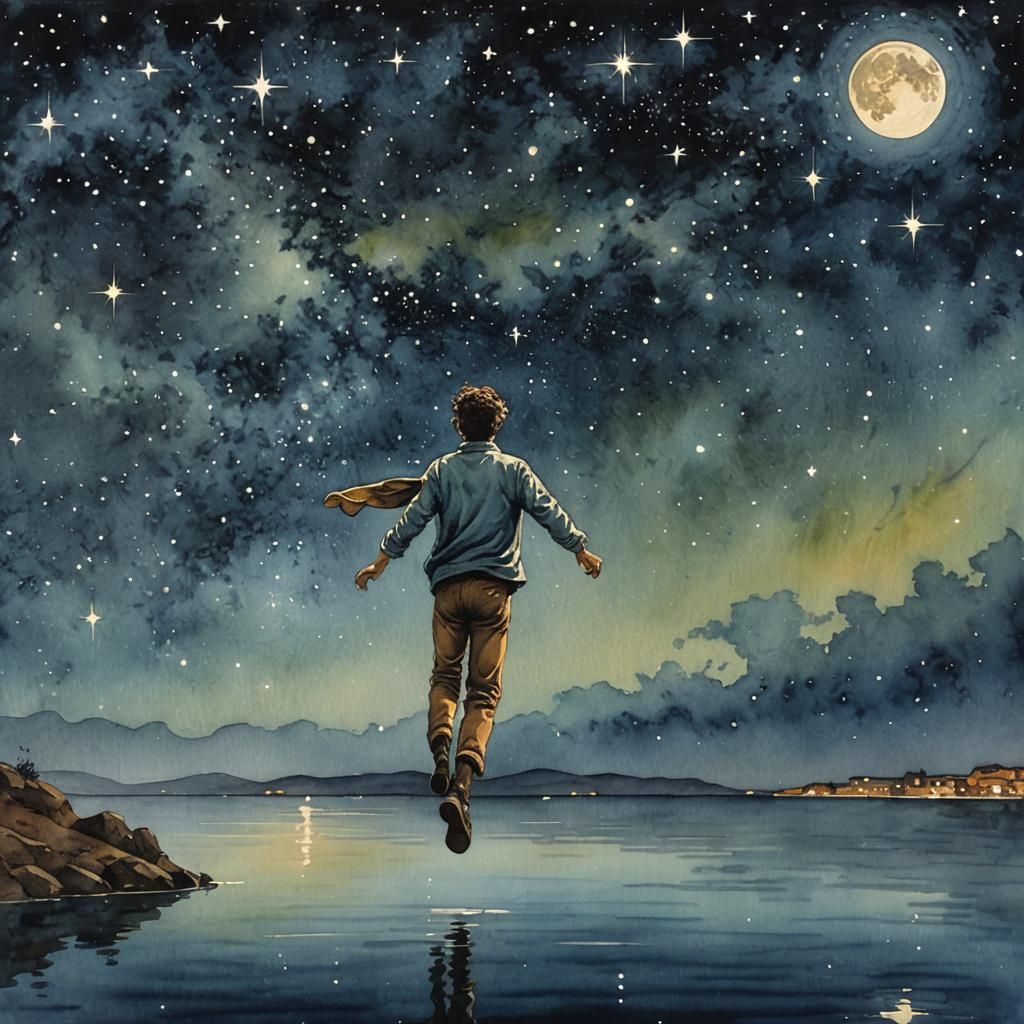 Man Flying in Starry Night Sky: Watercolor Painting