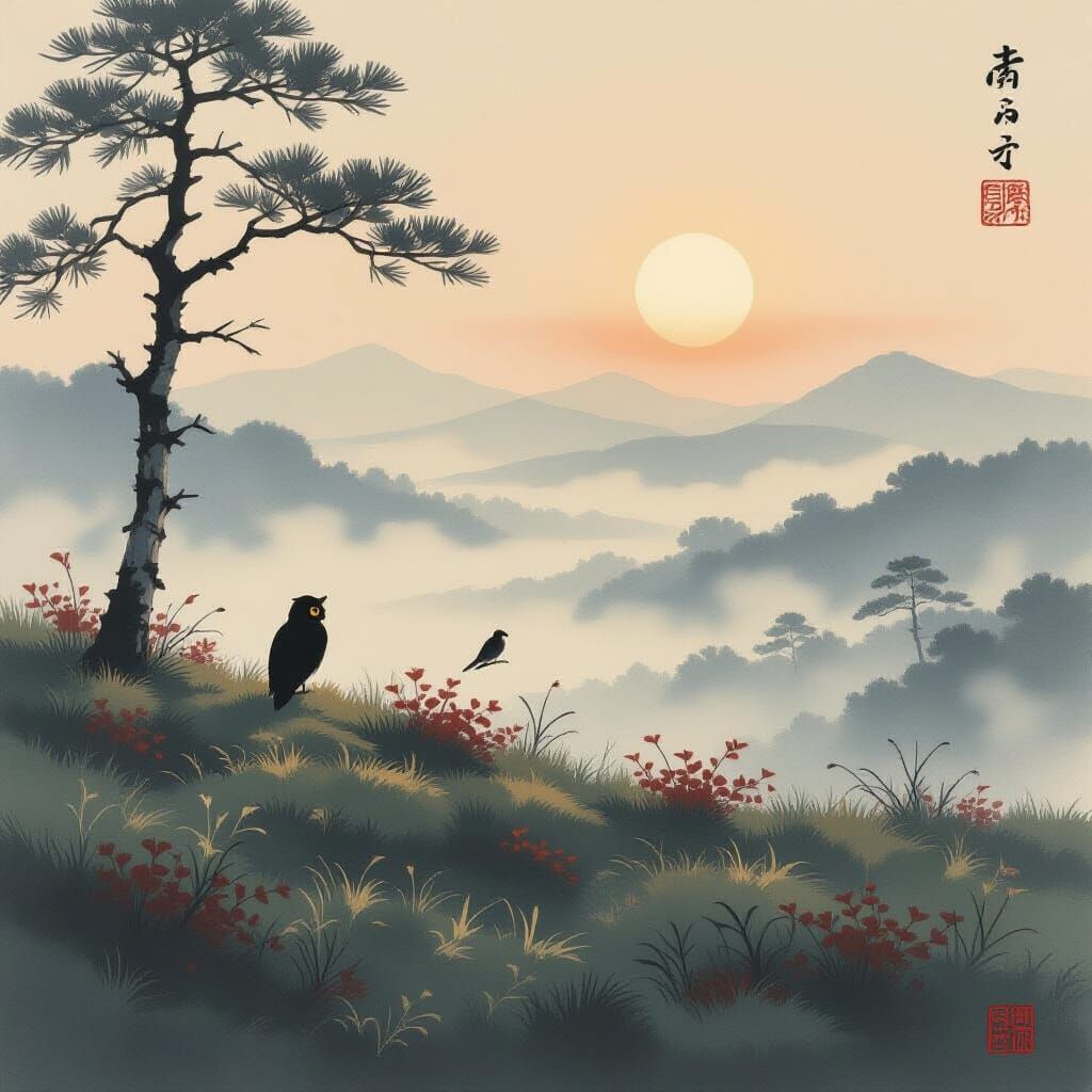 Yamato-e Painting of Hazy Heath at Sunrise