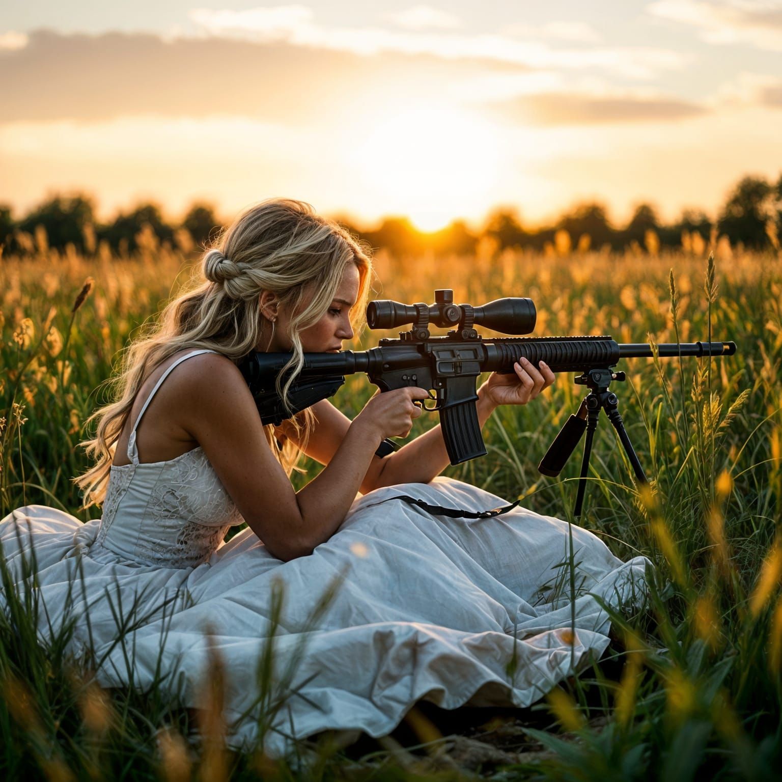 Cinematic Sniper in Wedding Dress Film Still