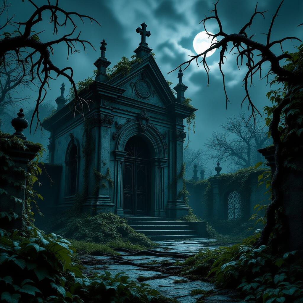 Decaying Gothic Mausoleum in Overgrown Garden