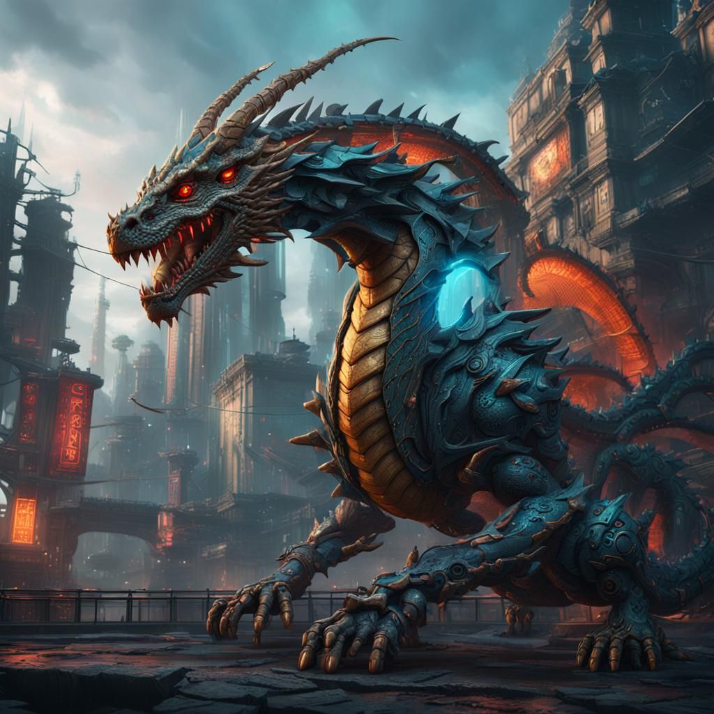 Cyberpunk Cyborg Dragon in Detailed Matte Painting